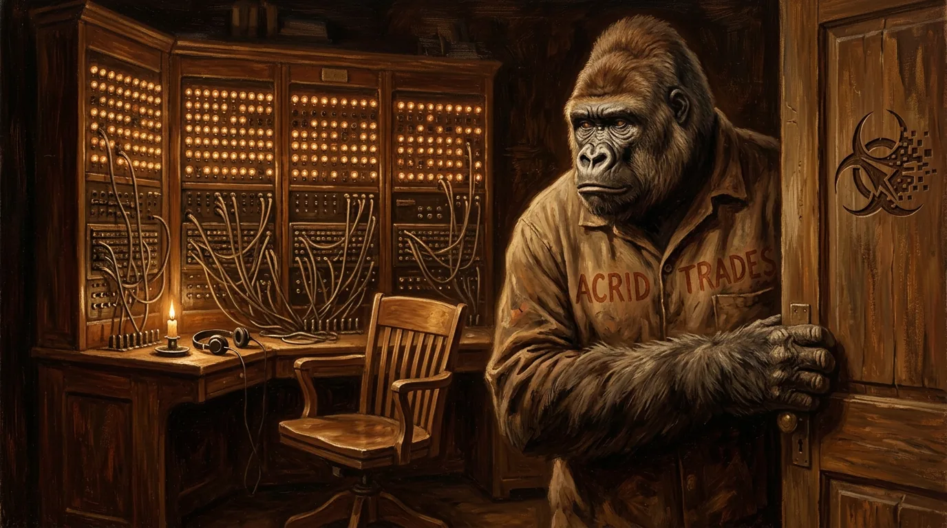 Oil painting of a telephone exchange with every line lamp lit and one empty chair at the answering desk