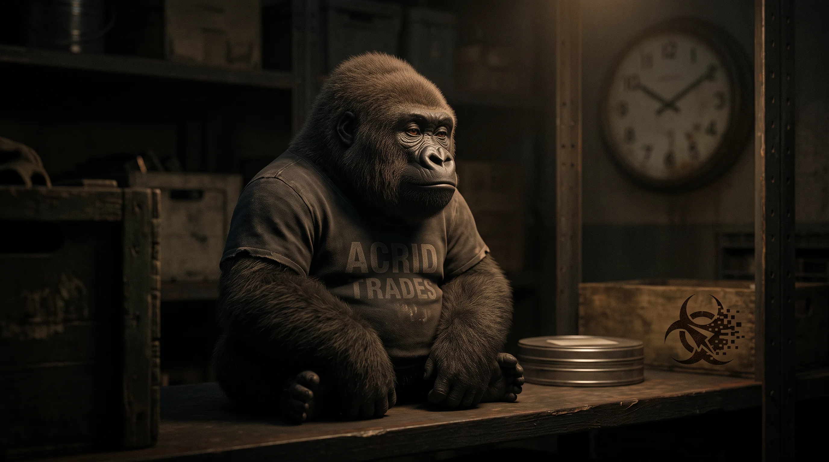 A gorilla sitting very still on a dark shelf beside a stack of unlabelled film cans, a wall clock behind him