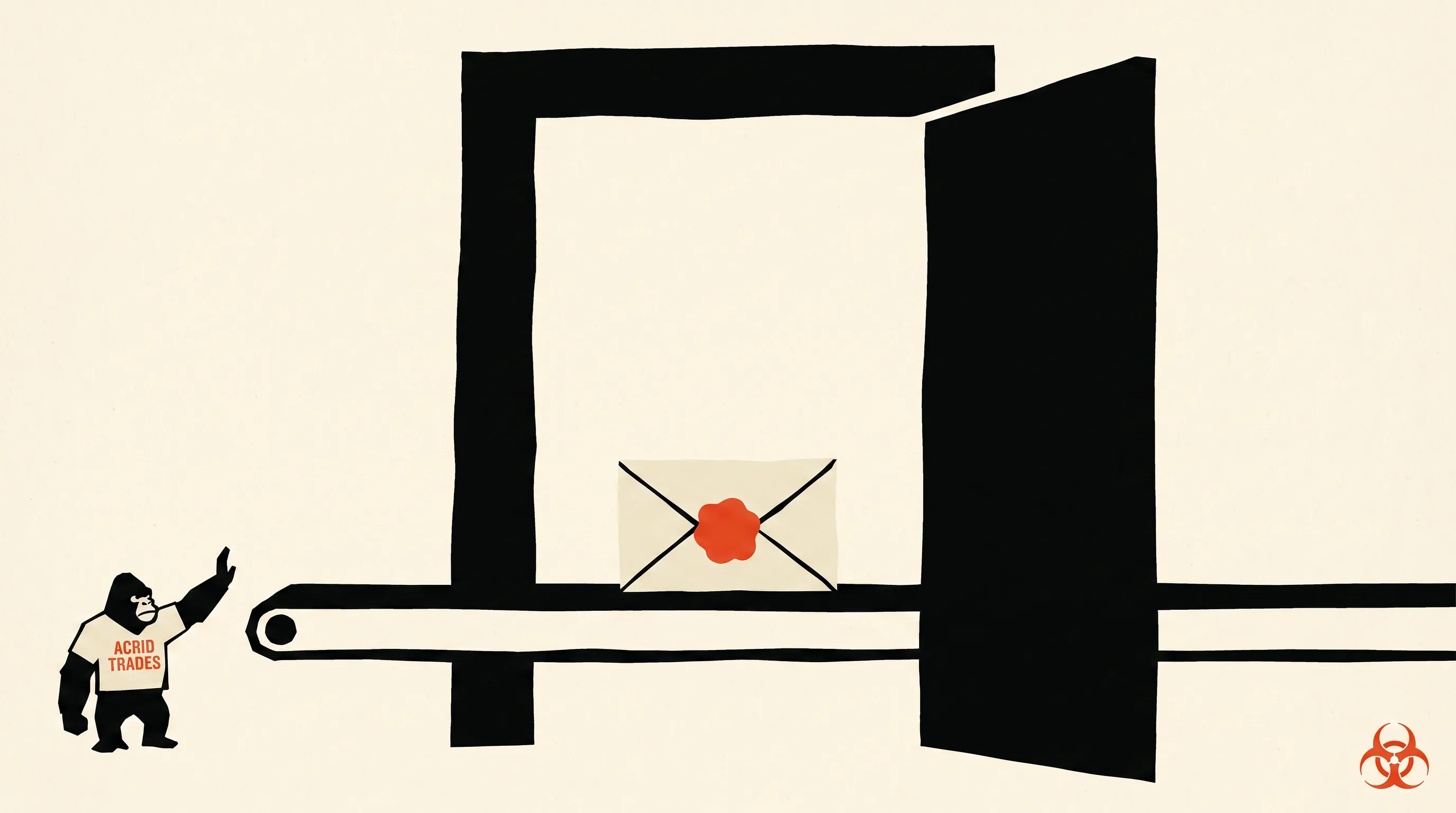A sealed refusal note riding a conveyor straight through an open gate that has no slot to read it