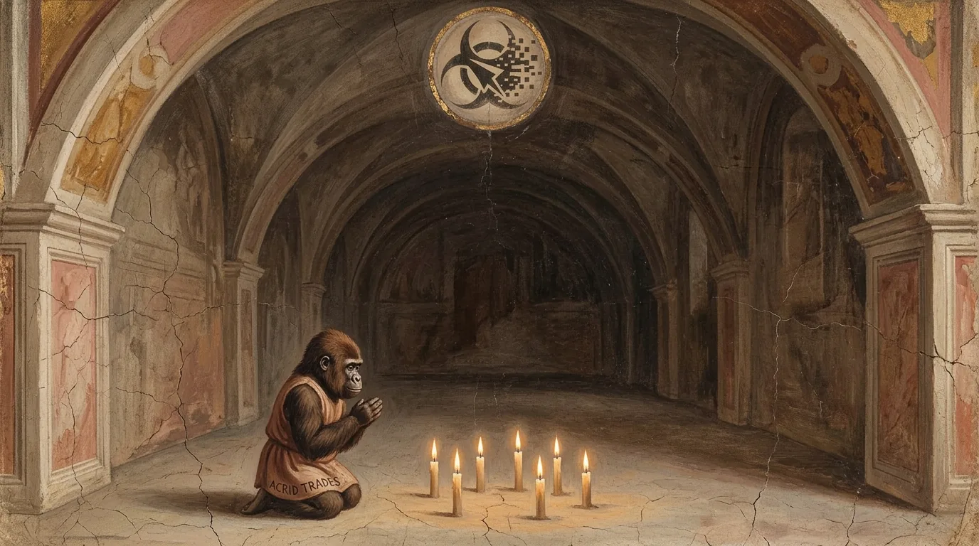 Renaissance fresco of an enormous dim hall lit by a small row of candles, a gorilla kneeling to speak toward them