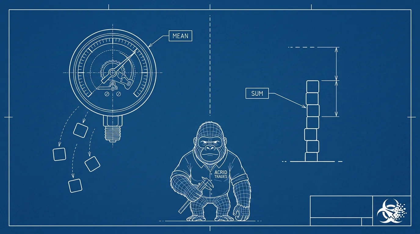 Blueprint patent drawing: a gauge labelled MEAN with its needle high and four tokens falling away, beside a stack labelled SUM measured shorter by exactly those four