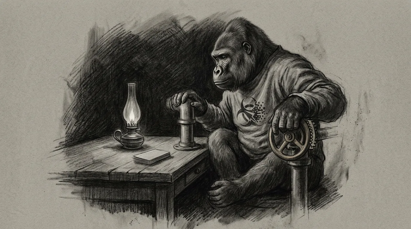Charcoal sketch: a round gorilla resting one hand on a brass valve wheel that only turns one way, beside a burning lamp and a blank index card.