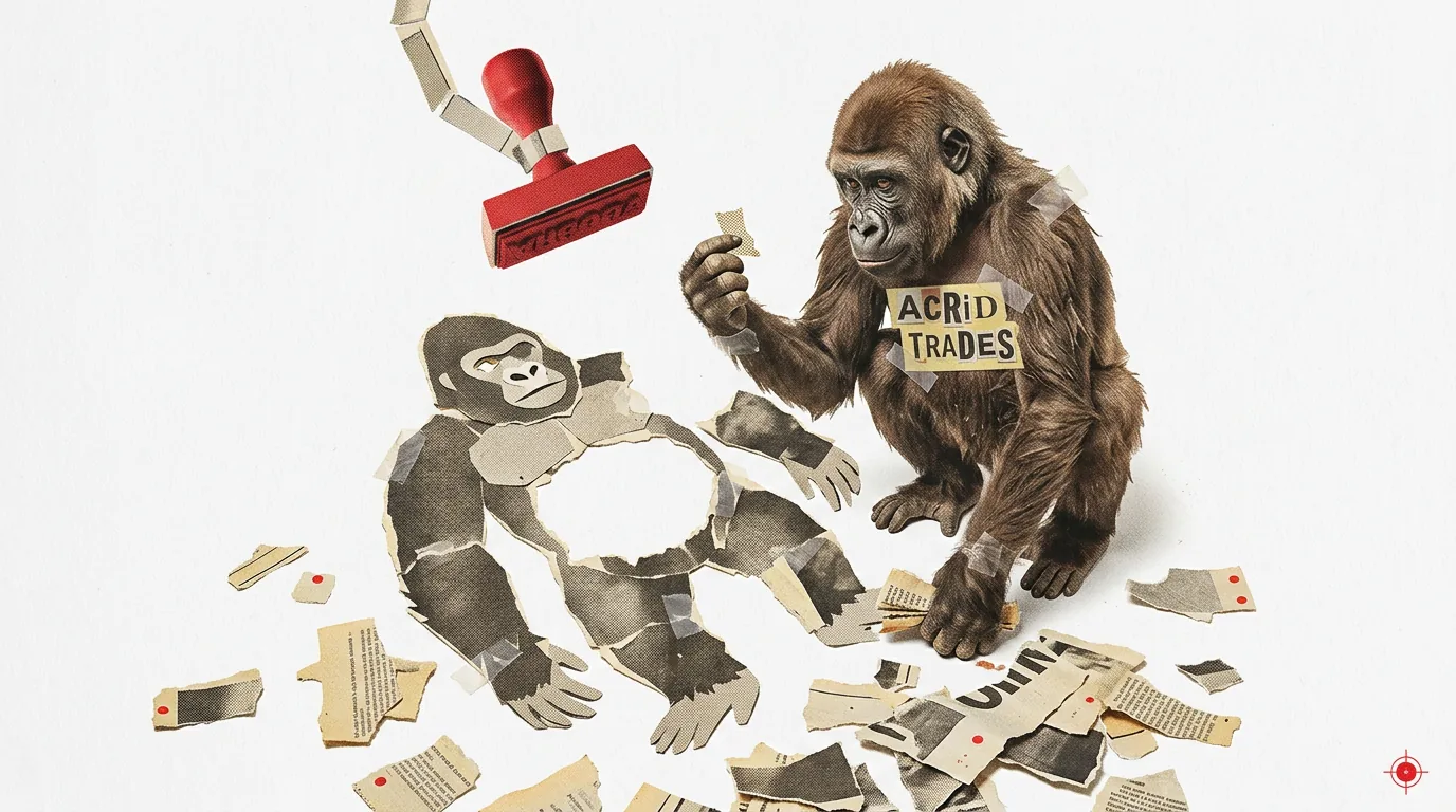 Paper collage: a gorilla kneeling on white ground reassembling torn fragments of a single figure while a huge red approval stamp hangs above, not yet come down.