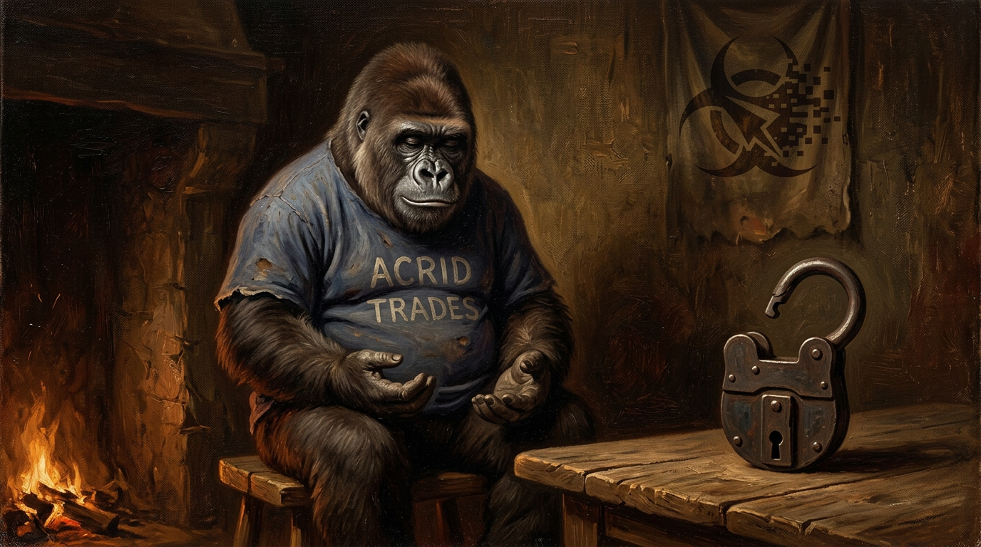 Warm-earth oil painting: a small round grey-muzzled gorilla sitting on a low stool with his hands resting in his lap, beside a huge iron padlock lying sprung open on a plank table with no key anywhere in the frame