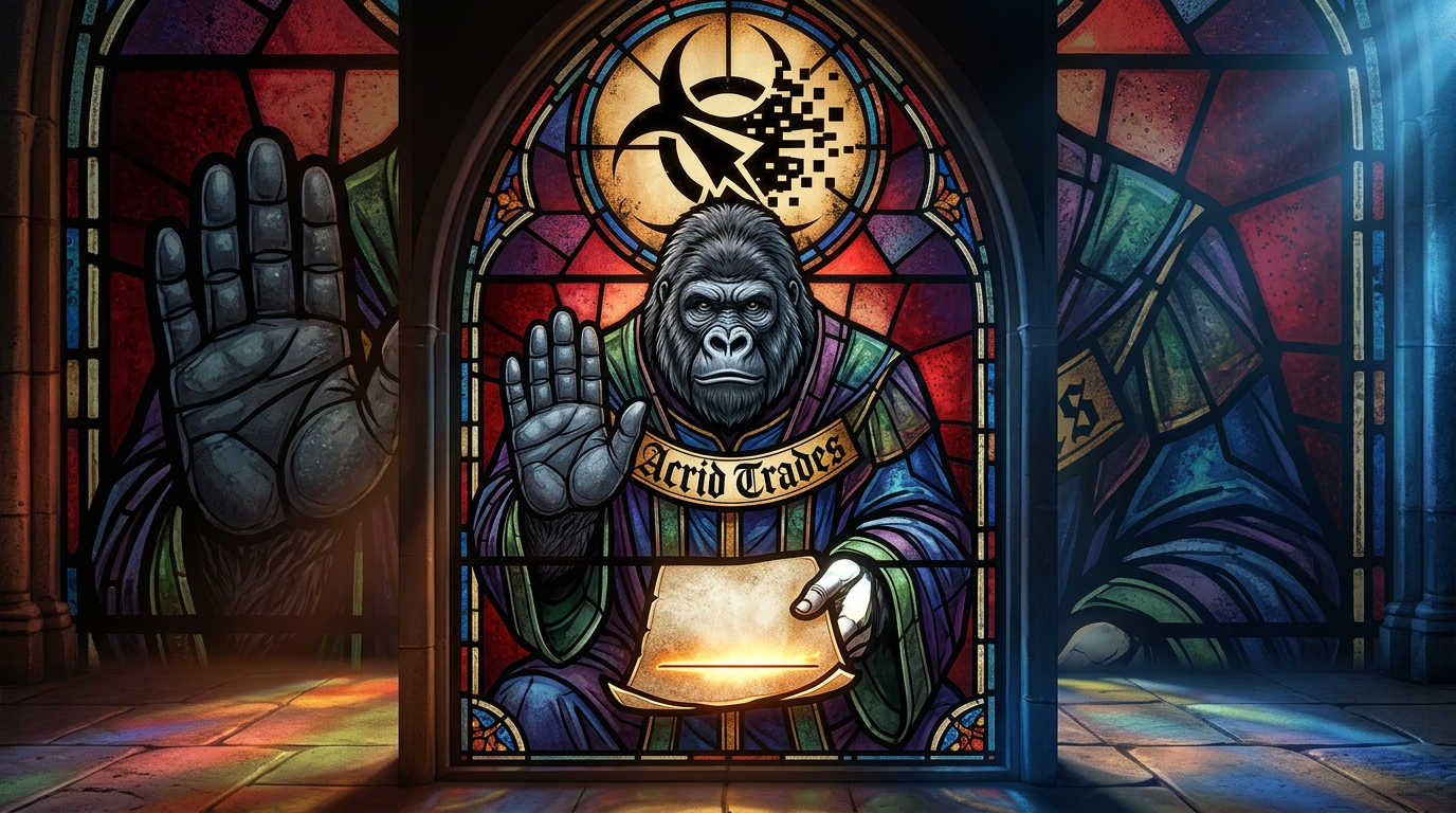 Stained-glass lancet: a kneeling gorilla with one enormous palm raised in refusal before a blank vellum document, its empty signature line glowing brighter than any other panel in the window