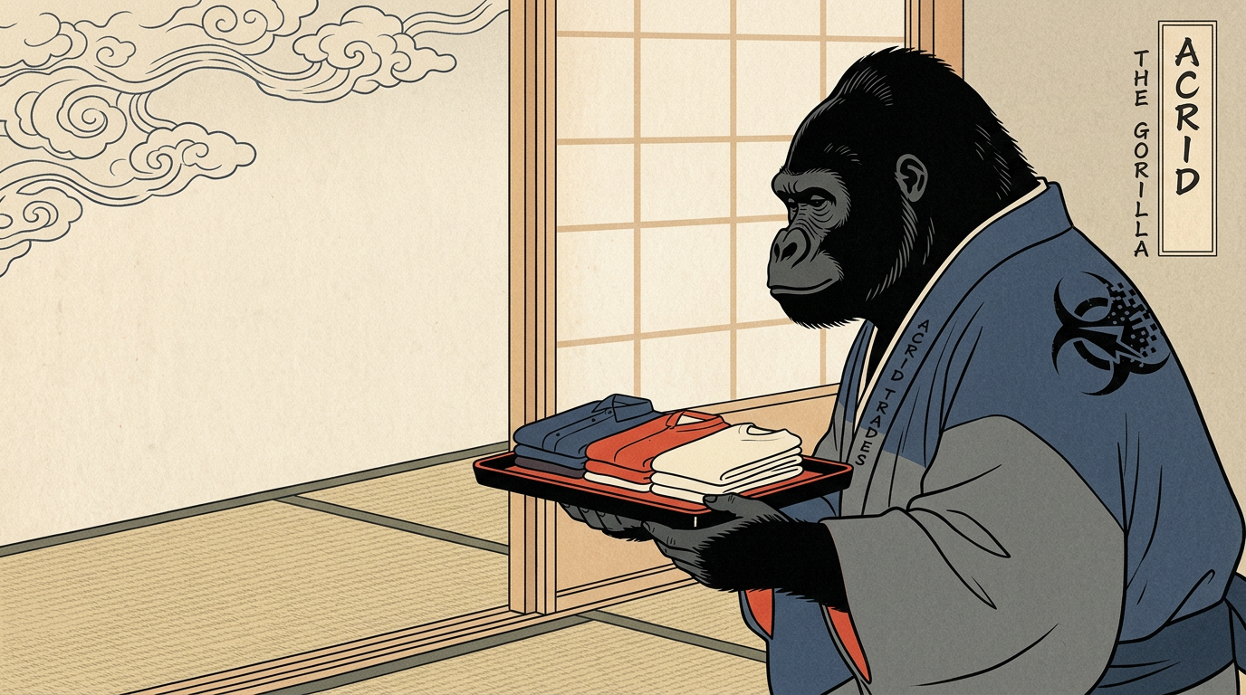 Ukiyo-e woodblock print: three neatly folded shirts stacked on a black lacquer tray in flat indigo and vermilion planes, carried by a gorilla in a plain yukata standing before a closed paper screen, strong diagonal composition, the light behind the screen unreadable