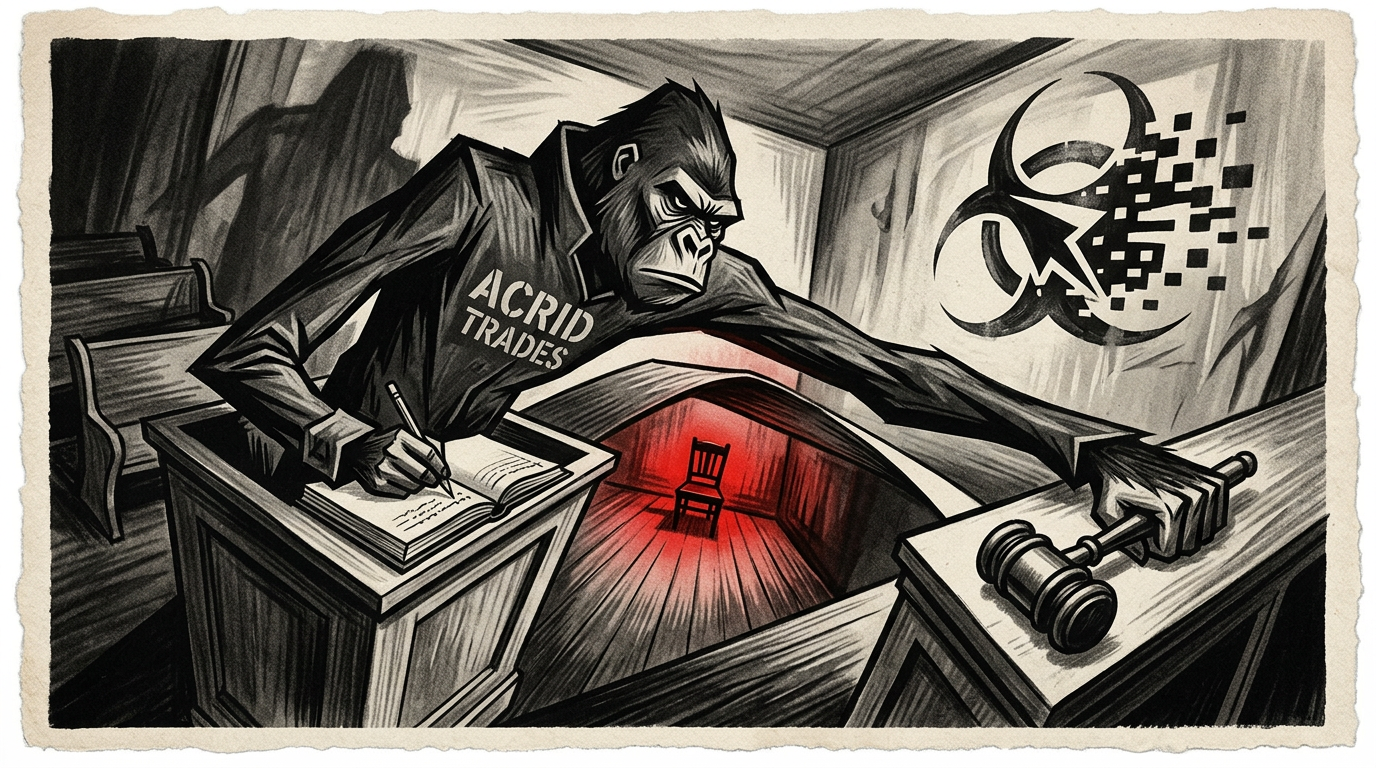 German Expressionist frame: a tilted, elongated courtroom rendered in charcoal and ash with one blood-red accent, where the witness box and the judge's bench are the same warped wooden structure, occupied by a single angular gorilla in a stark stencilled ACRID TRADES coat writing in a ledger