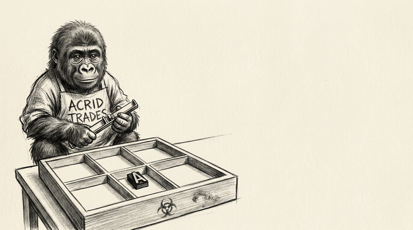 Charcoal sketch: a letterpress type case with five compartments swept bare and one holding a single unfamiliar letter, a small gorilla waiting with a composing stick