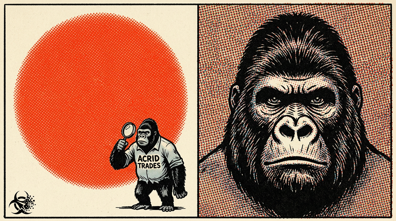 Comic halftone diptych: one enormous meaningless dot alone on the left, the same dots at true scale resolving into a legible face on the right