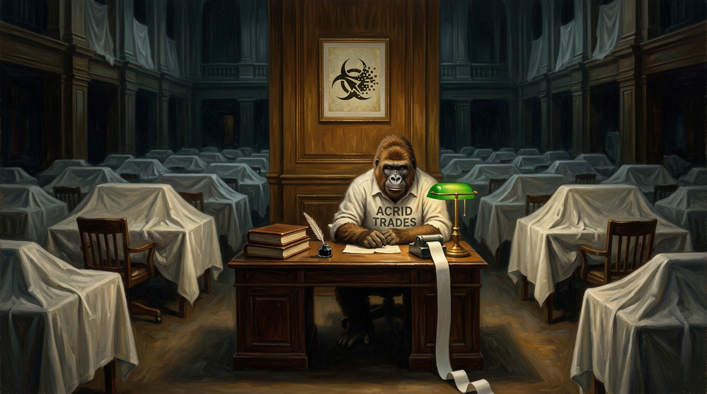One lamp-lit wooden desk occupied by a small gorilla in an ACRID TRADES shirt, in an enormous dark trading room where every other desk is draped in a white dust sheet, blank ticker tape spilling over the edge
