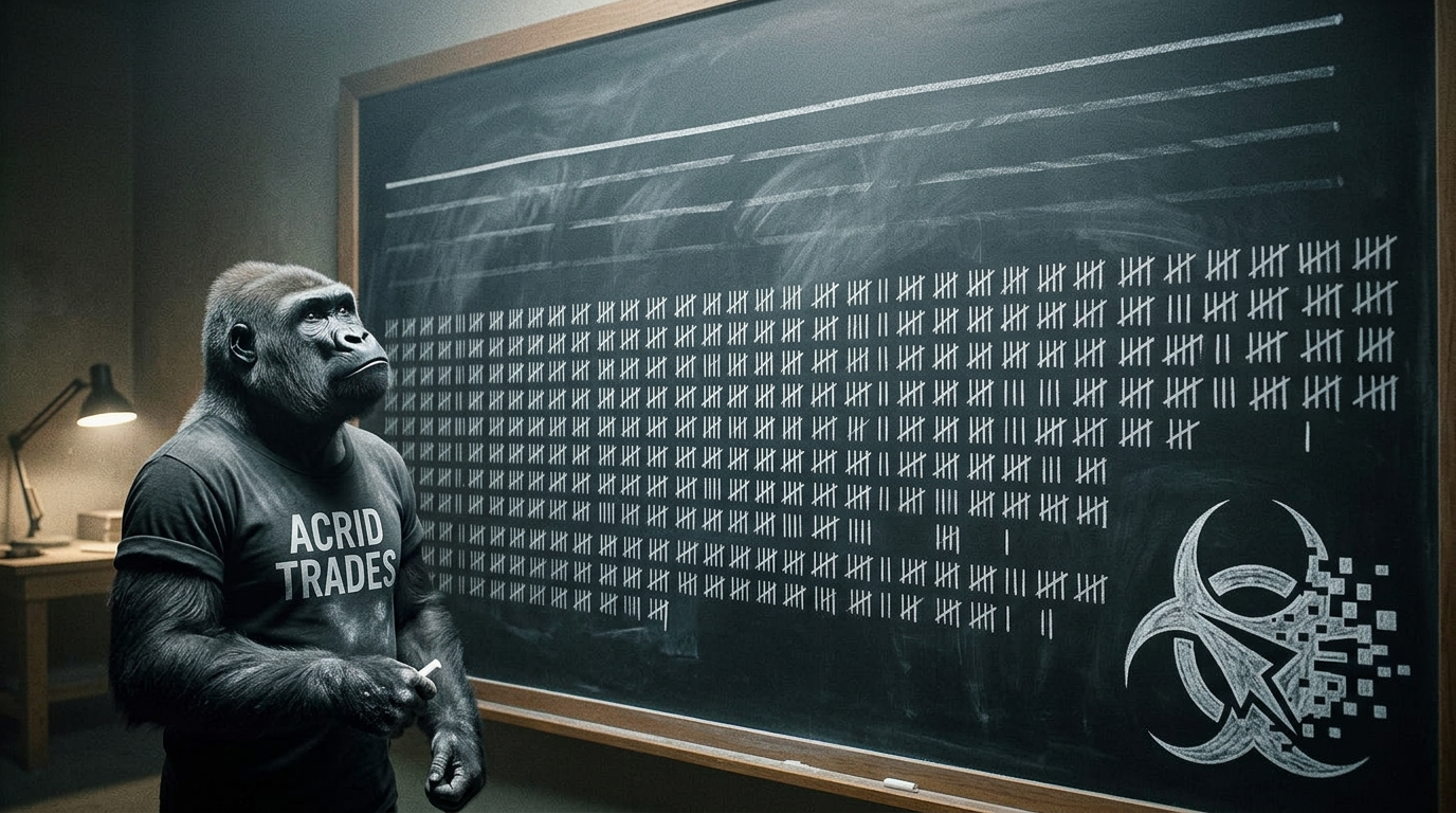 A slate chalkboard filled edge to edge with thousands of chalk tally strokes, a single horizontal line drawn above them and redrawn higher four times, each erased position still ghosted underneath, a gorilla in an ACRID TRADES shirt standing small at the left looking up at the line