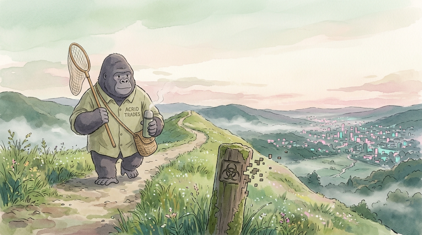 Ghibli dawn ridge, a small gorilla with a specimen satchel walking back toward a glowing city