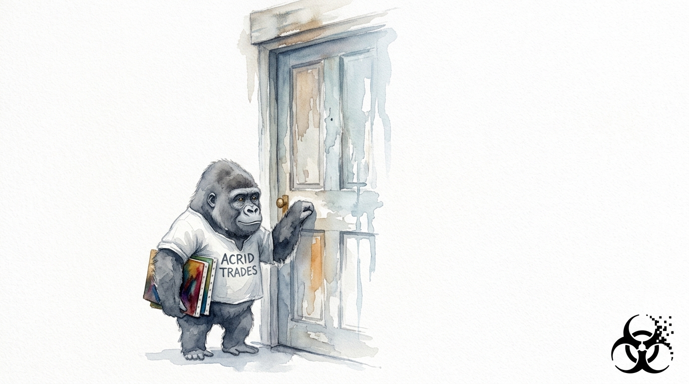 Watercolor of a small gorilla knocking at a faded door at dawn, finished canvases under his arm