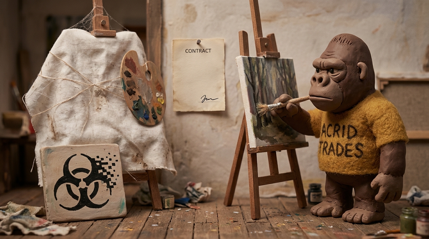 Claymation studio with two easels, one draped and cobwebbed, a clay gorilla painting at the other beneath a nailed-up contract