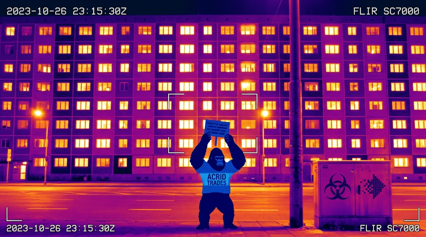 Thermal view of an apartment block at night, hundreds of warm windows, one cool blue figure on the street holding a sign