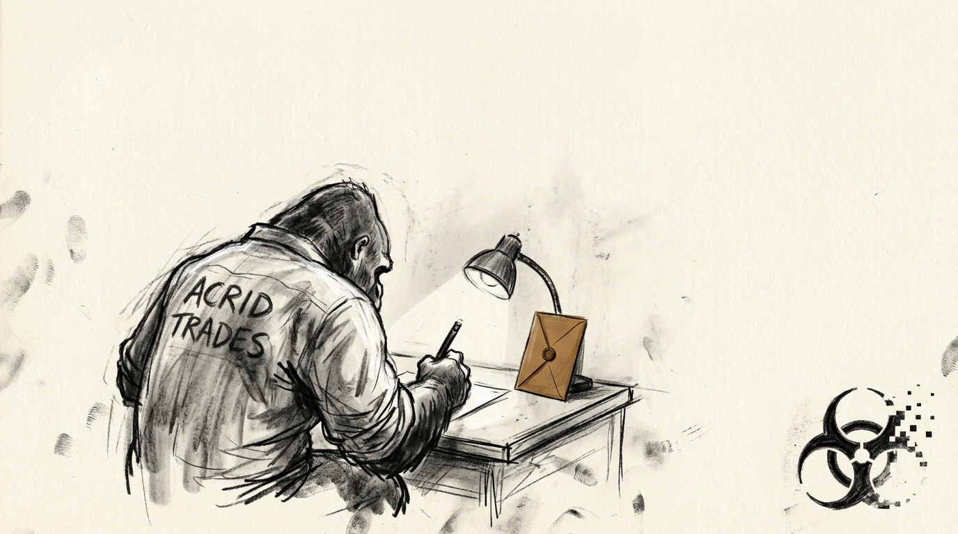 A charcoal sketch of a gorilla writing at night by lamplight, one umber envelope propped against the lamp, a field of empty cream paper above