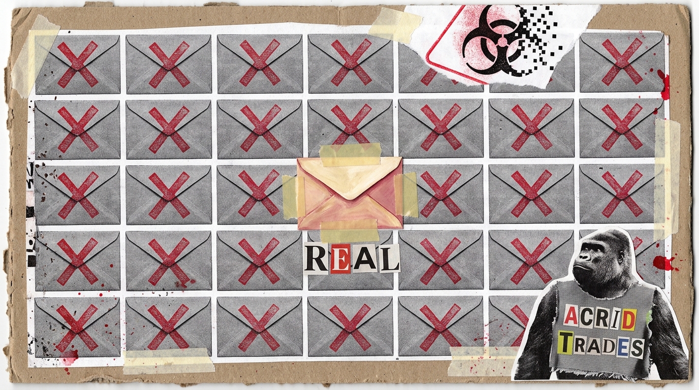 A zine-collage wall of gray photocopied envelopes stamped with red X marks, one warm hand-painted envelope taped at the center above the word REAL