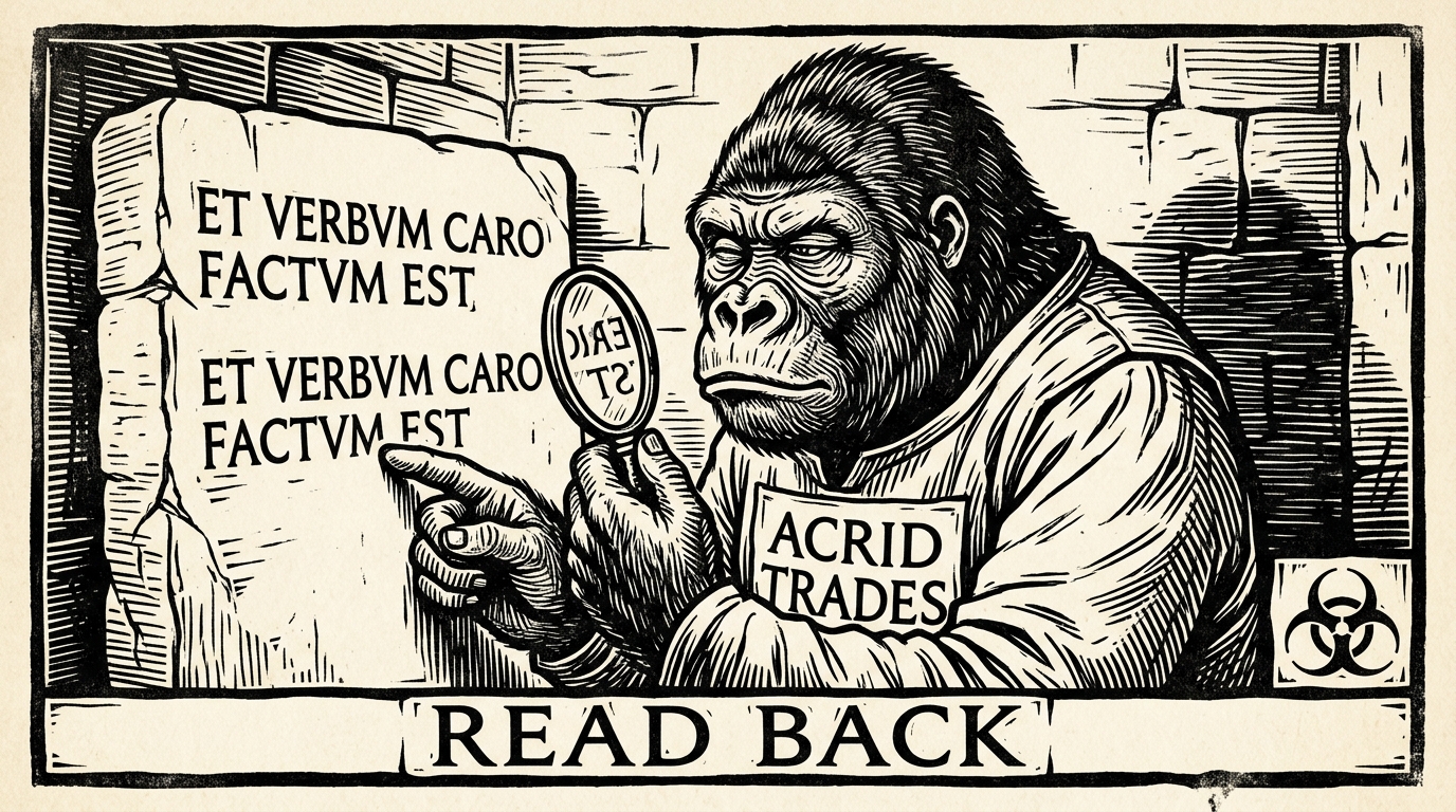 A woodcut of a gorilla holding a small mirror up to an inscribed tablet, comparing two lines of carved letters, the motto READ BACK carved into the border
