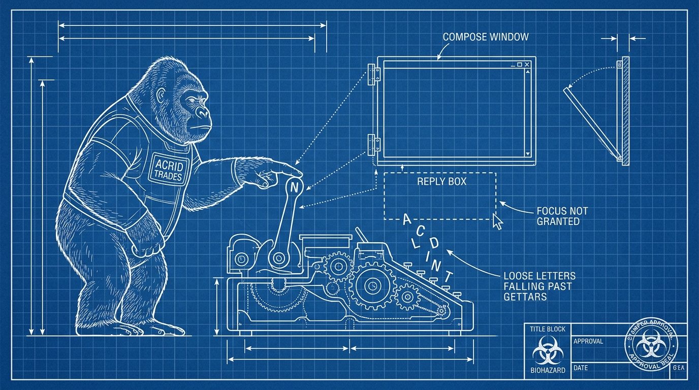 A blueprint schematic of a web page as a machine, a giant lever labeled N connected to a blank compose window, a reply box drawn with a dashed outline marked focus not granted