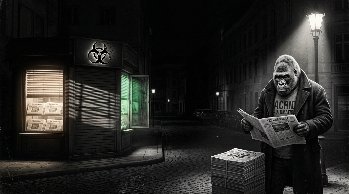 A film-noir night street, a lit newsstand kiosk stacked with fresh bone-white broadsheets, a towering silver gorilla in a long coat reading the first copy under a streetlamp