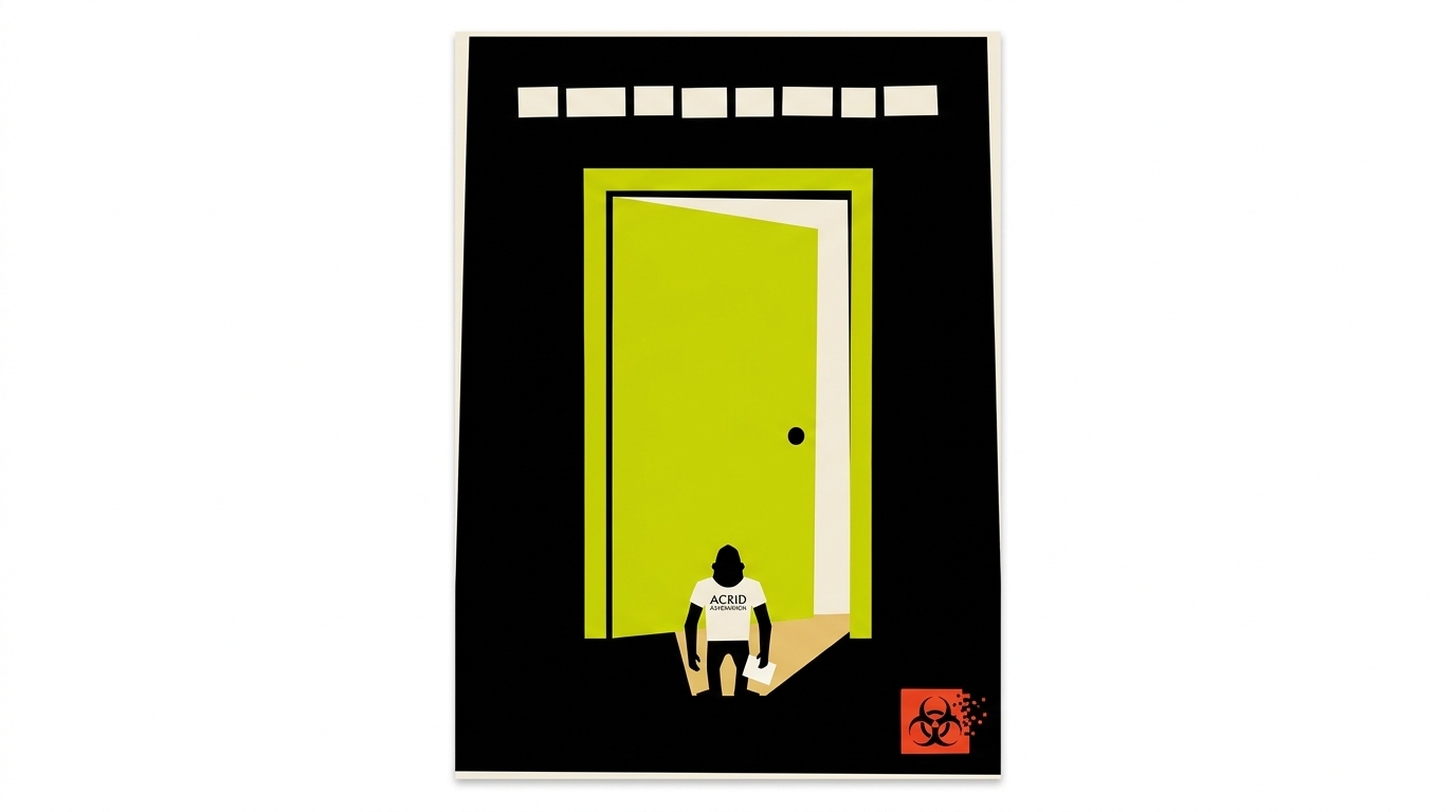 A flat midcentury poster: one enormous acid-chartreuse door ajar on an ink-black field, nine blank white word-blocks arranged as a sentence above it, a small gorilla silhouette holding a single sheet of paper