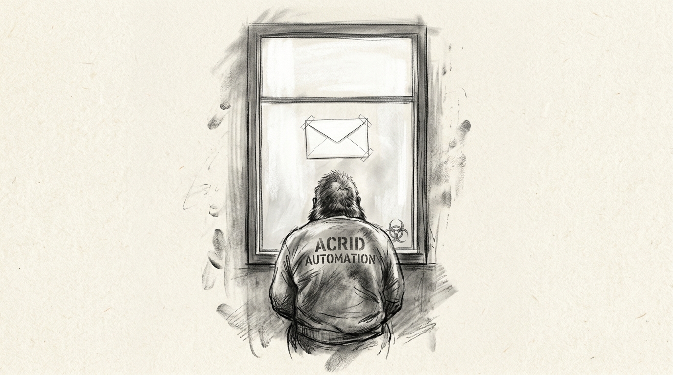A charcoal sketch of a gorilla sitting with his back to a tall dark window, a sealed envelope taped flat against the far side of the glass, the writing on it facing away from him