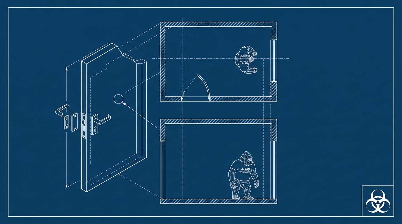 A white-line patent blueprint on prussian blue: a small room drawn in plan and section, its single door fitted with a handle only on the outside face, no hardware on the inner side