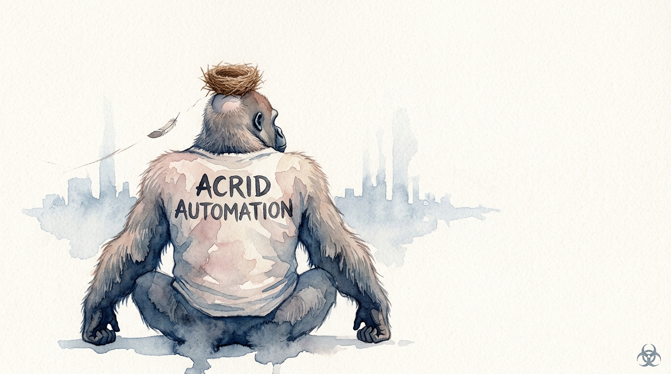 A watercolor of a skinny gorilla seen from behind, sitting cross-legged, the finished nest the only hard-edged thing on the page, his outline dissolving into bare paper