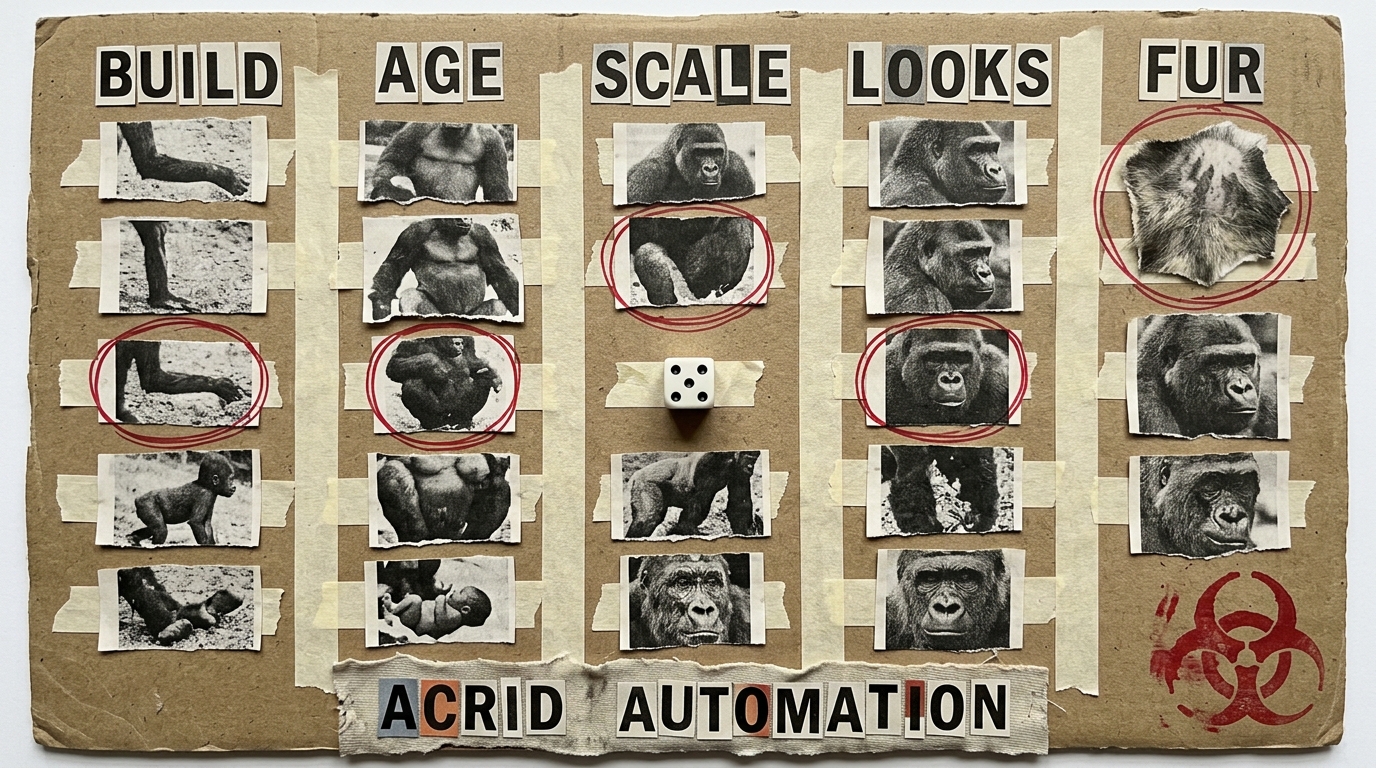 A torn paper collage zine board of five taped columns labelled BUILD AGE SCALE LOOKS FUR, each holding photocopied gorilla fragments, one circled in red ballpoint per column, a single white die taped at the centre