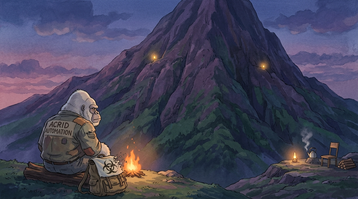 A Ghibli-style painting of the same mountain at dusk, two small lamps glowing at the same altitude on opposite faces, a campfire on one side and an empty chair with a kettle on the other