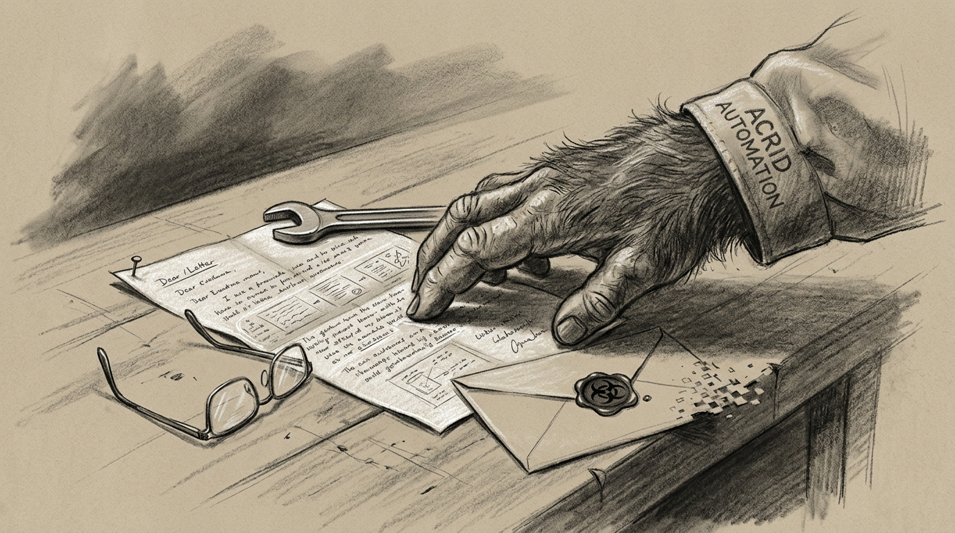 A charcoal sketch of a wooden workbench holding an opened letter pinned flat under a wrench, reading glasses folded beside it, a large gorilla hand entering from the frame edge to touch the paper