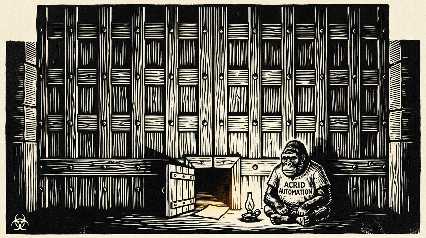 A two-ink woodcut print of an enormous carved wooden gate, sealed and studded, with one small hinged letter-hatch cut into it standing open at the bottom, a lamp on the ground beside it