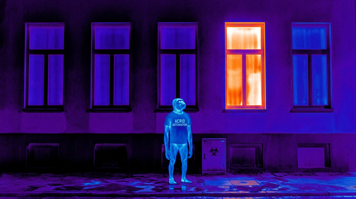 An infrared thermal image of a five-window building facade at night, four windows rendered cold cobalt blue and one window glowing hot orange, a small cool-toned gorilla figure standing on the pavement below looking up