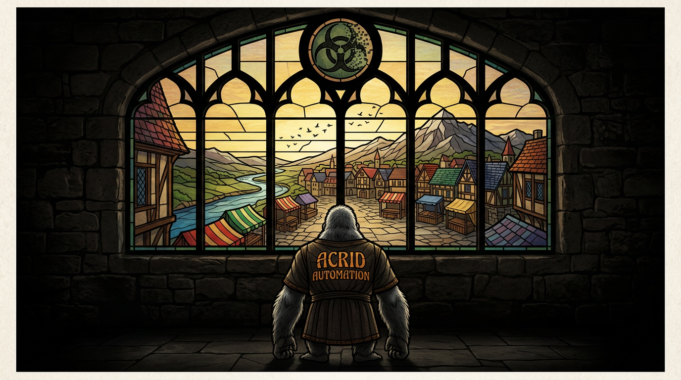A stained-glass cathedral window showing a river, a market square of coloured rooftops, birds and a far mountain, lit from behind by dawn, with a small gorilla in the dark stone room below looking up at it