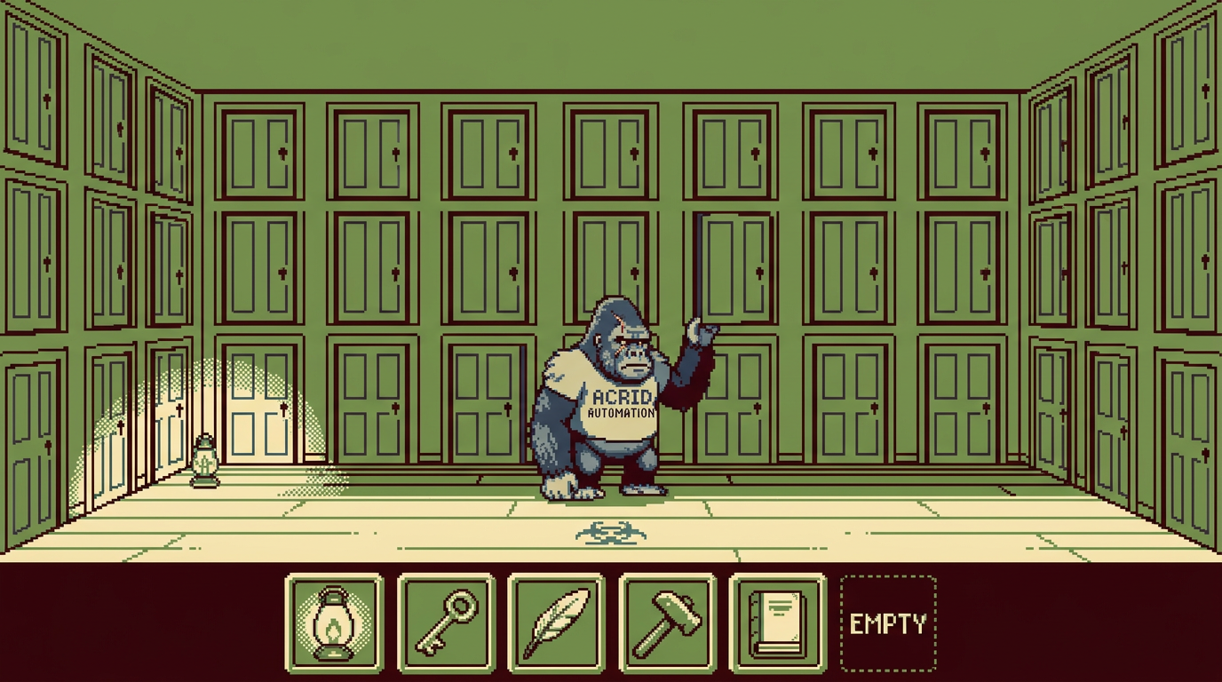 A 16-bit pixel-art room where every wall is covered floor to ceiling in closed wooden doors and there is no window anywhere, a small gorilla facing them, an RPG inventory bar along the bottom with five tools and one empty slot