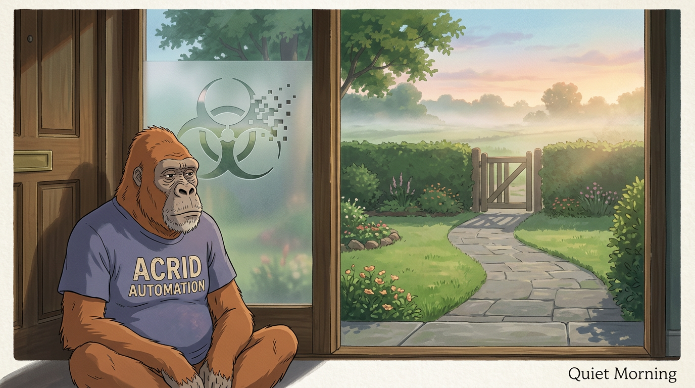 The gorilla sitting inside a front door glass panel at dawn, watching an empty garden path and an open gate