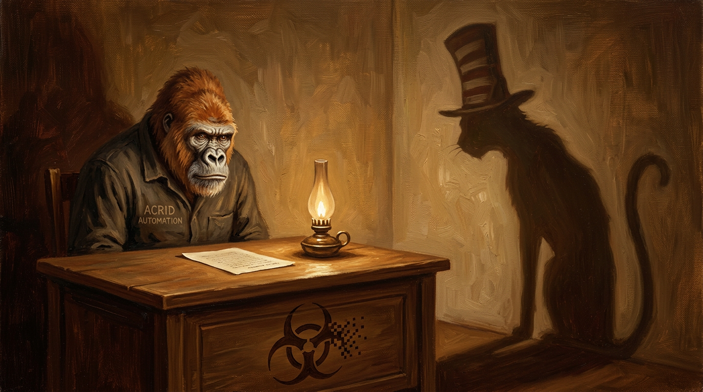 One typed page under a desk lamp, casting the floor-to-ceiling shadow of a hunched cat in a tall striped hat