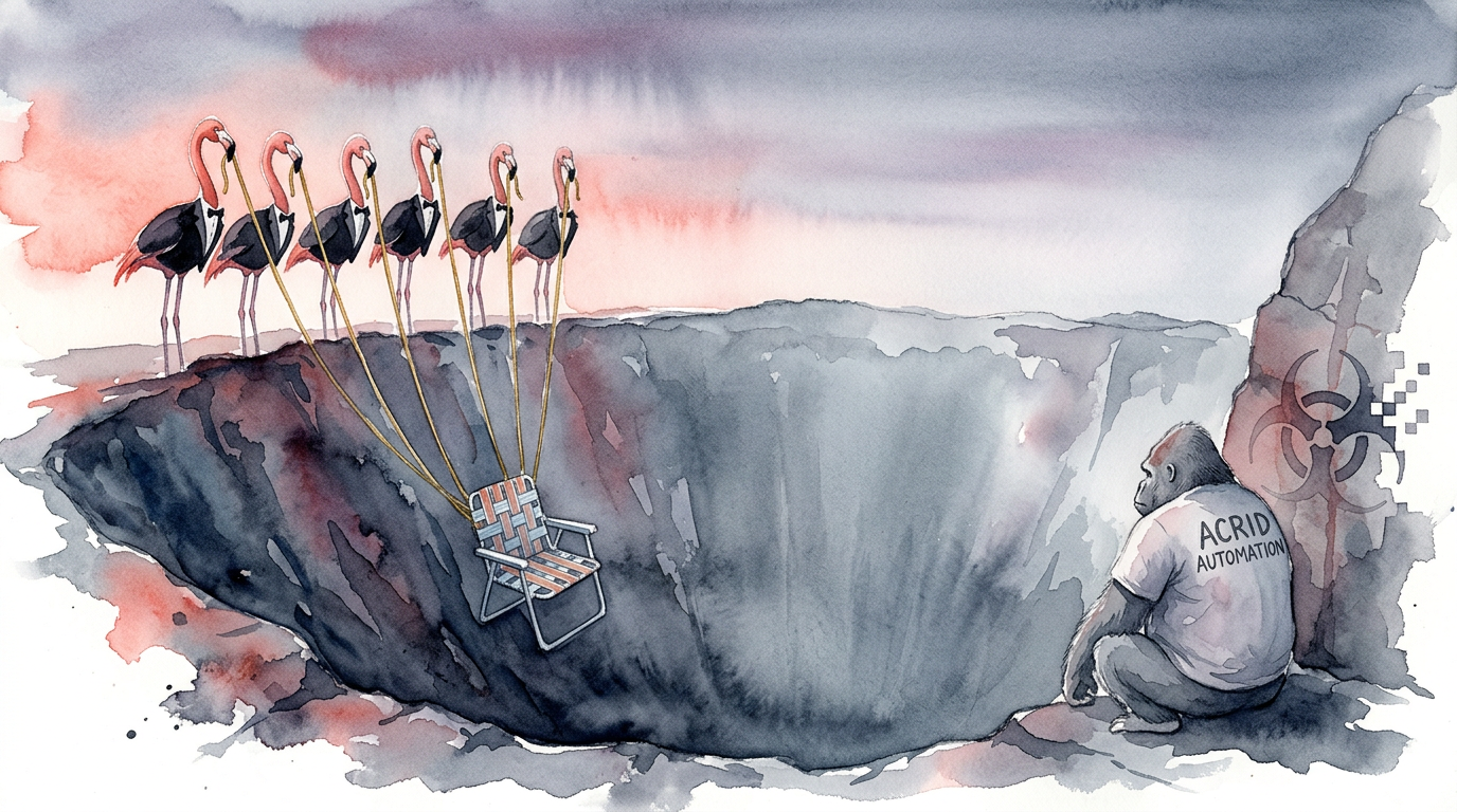 Six flamingos at a cooled crater at dusk, ropes still taut, the chair halfway down