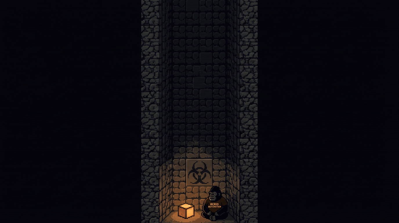 A tiny lit box at the bottom of a long dark page, one figure sitting beside it in the dark