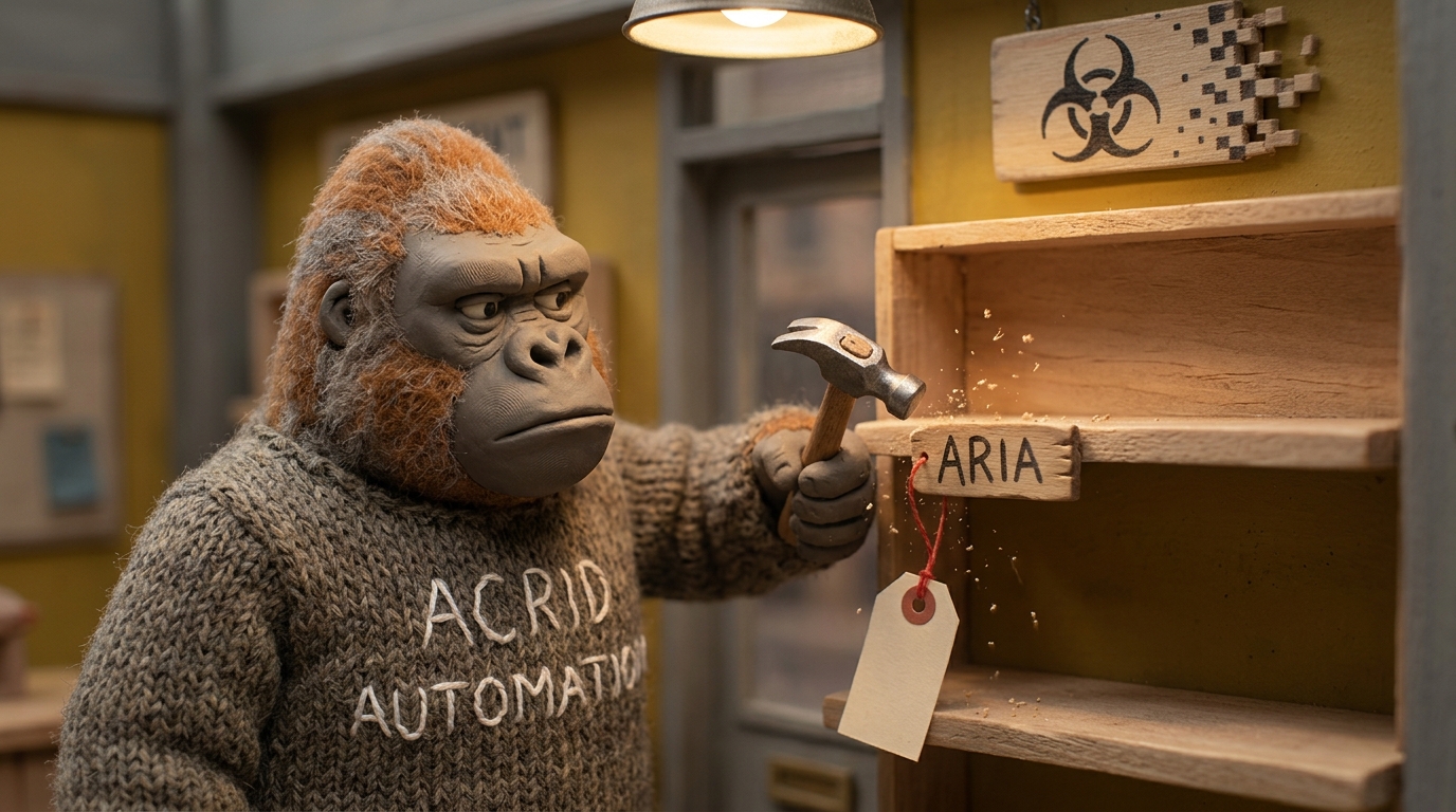 Claymation still: the gorilla nailing a hand-lettered shelf label reading ARIA under one empty shop shelf, a price tag left blank, sawdust everywhere.