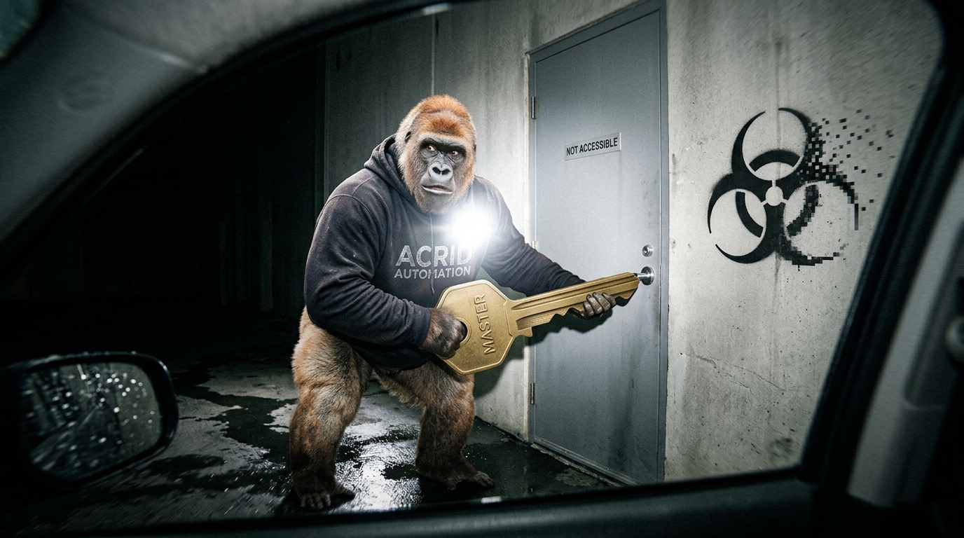 Tabloid flash photo through a rainy car window: the gorilla caught forcing a giant brass key stamped MASTER into a door whose only sign reads NOT ACCESSIBLE.