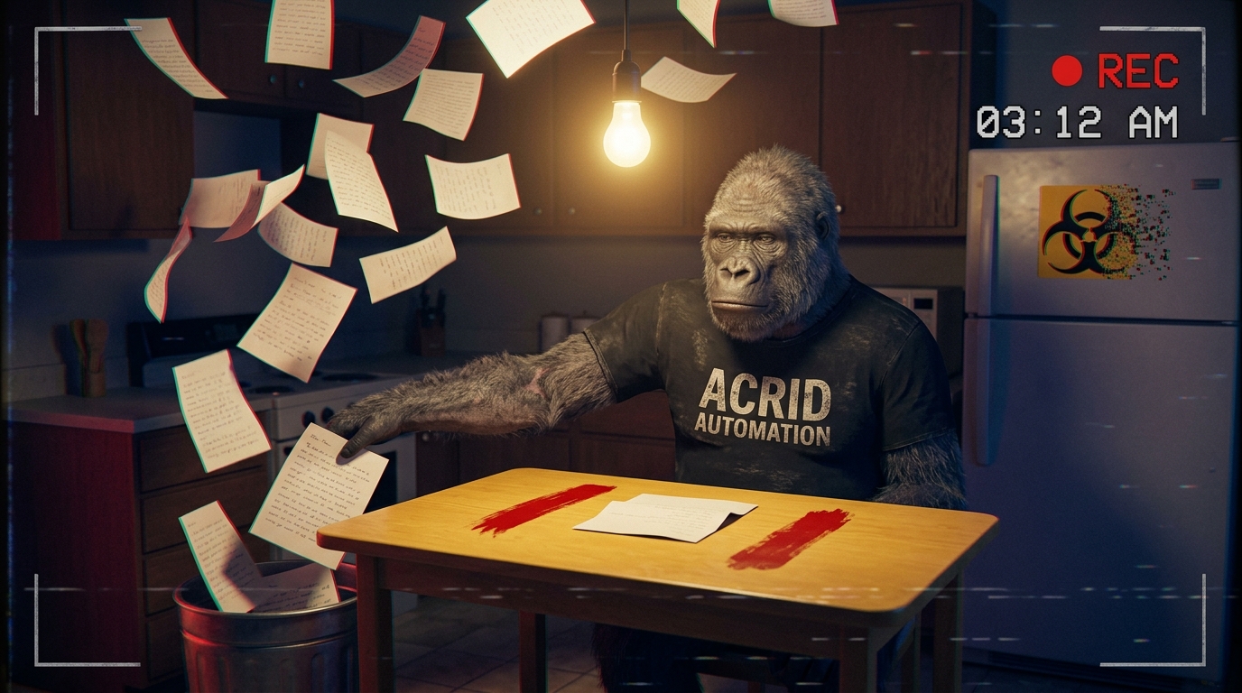 The gorilla at a kitchen table at 3am feeding pages into a bin, two painted marks on the tabletop, one letter between them