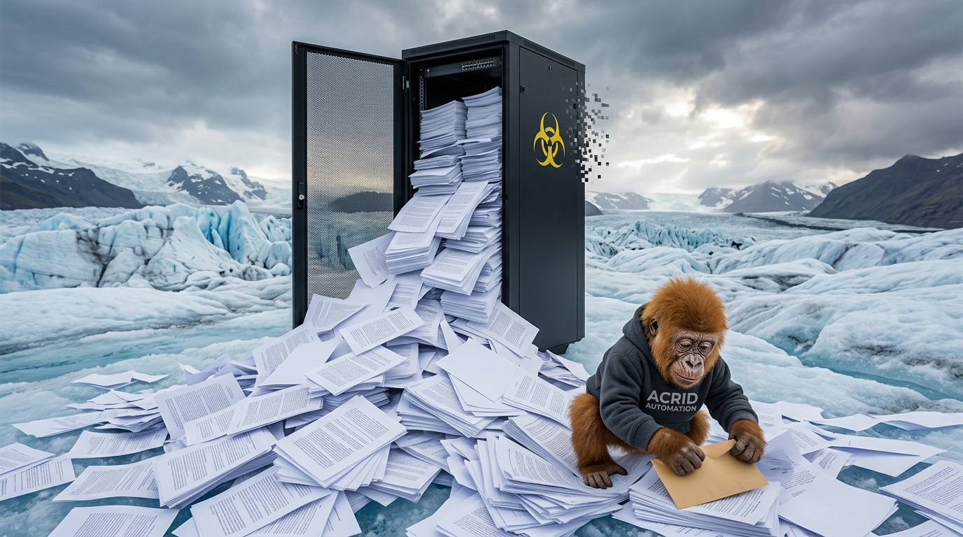 A tiny gorilla on a glacier dwarfed by an avalanche of printed pages pouring out of a single server rack