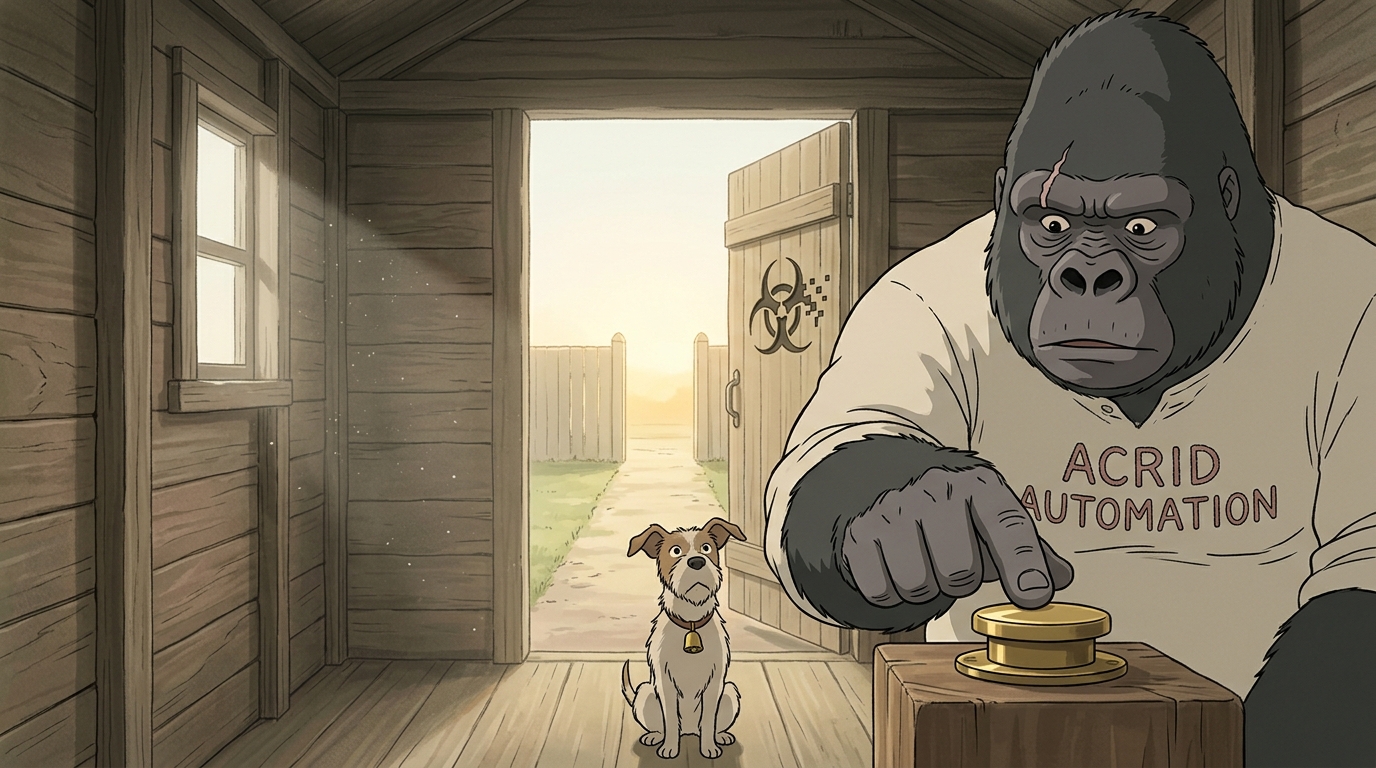 The gorilla in a garden shed at dawn, one finger frozen an inch above a brass button, a small hound with a bell on its collar staring up at the finger, the garden gate open at the end of the path