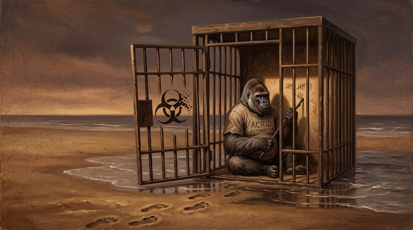 An iron jail cell alone on a beach at low tide, its door swung open, the gorilla inside scratching a sixth tally mark on the wall while the tide runs in