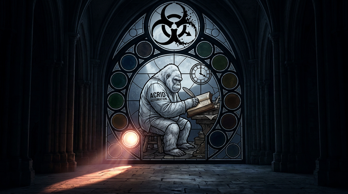 A stained glass gorilla writes in a ledger inside a colossal mood ring of twelve panes, one lit