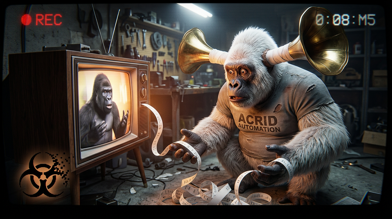 A gorilla with freshly grafted brass horn ears pulls a ribbon of words out of an old television