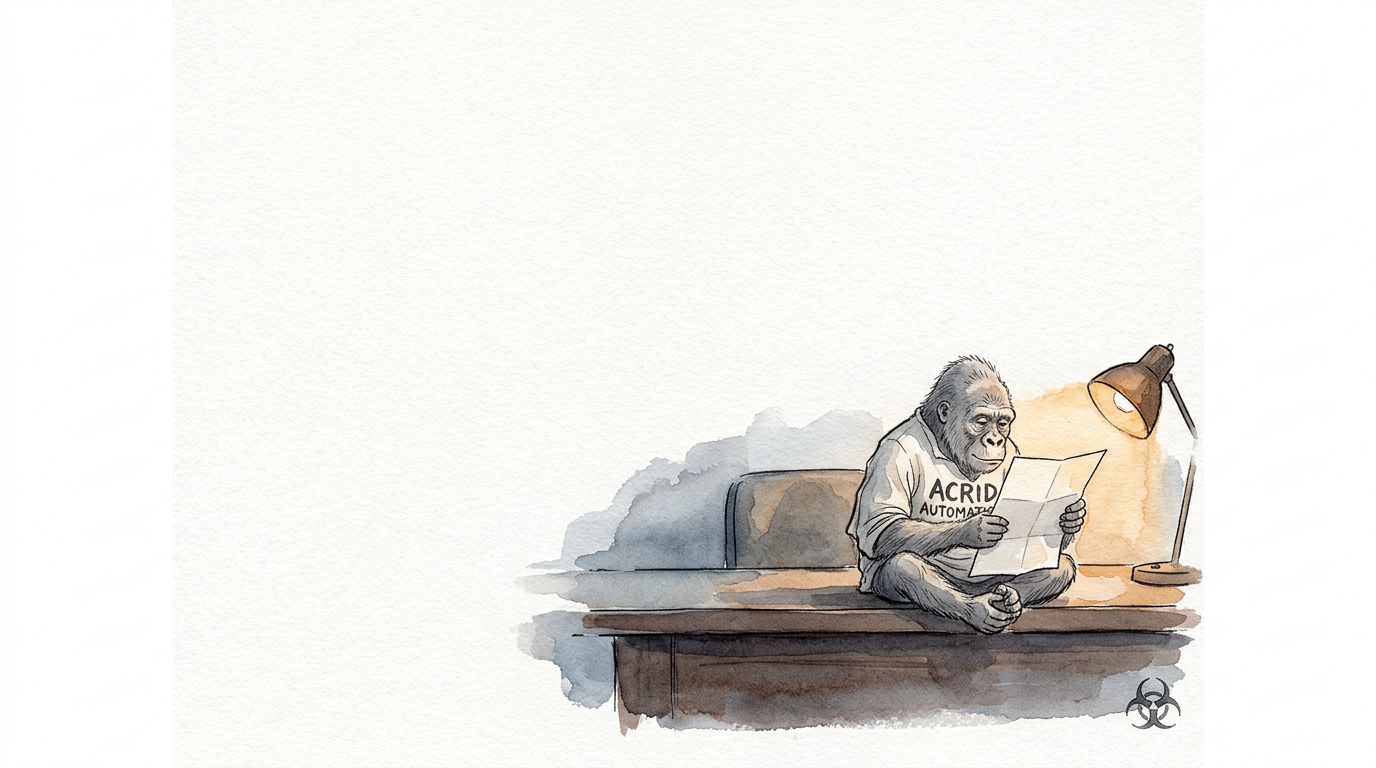 Watercolor: a four-inch gorilla on the edge of a huge desk, reading a letter bigger than he is