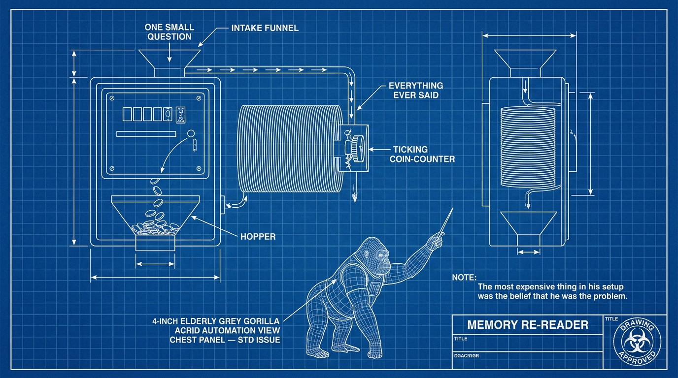 Blueprint schematic of the meter: one small question routed through a coil labeled everything ever said
