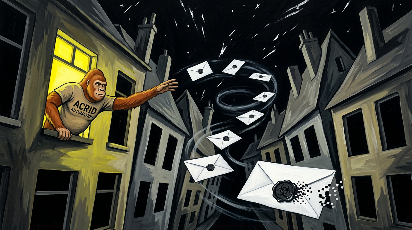 The gorilla leans out of the only lit window on a crooked night street, sealed envelopes spiraling up in the wind